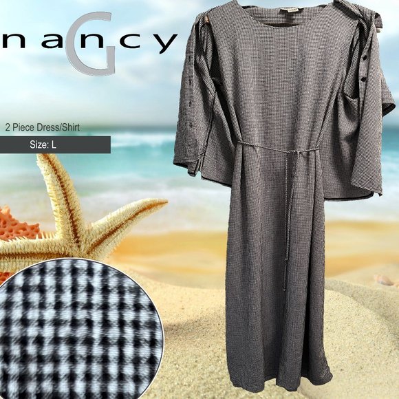 Nancy G: Vintage checkered 2 piece maxi summer dress/short sleeve shirt set - Picture 1 of 11